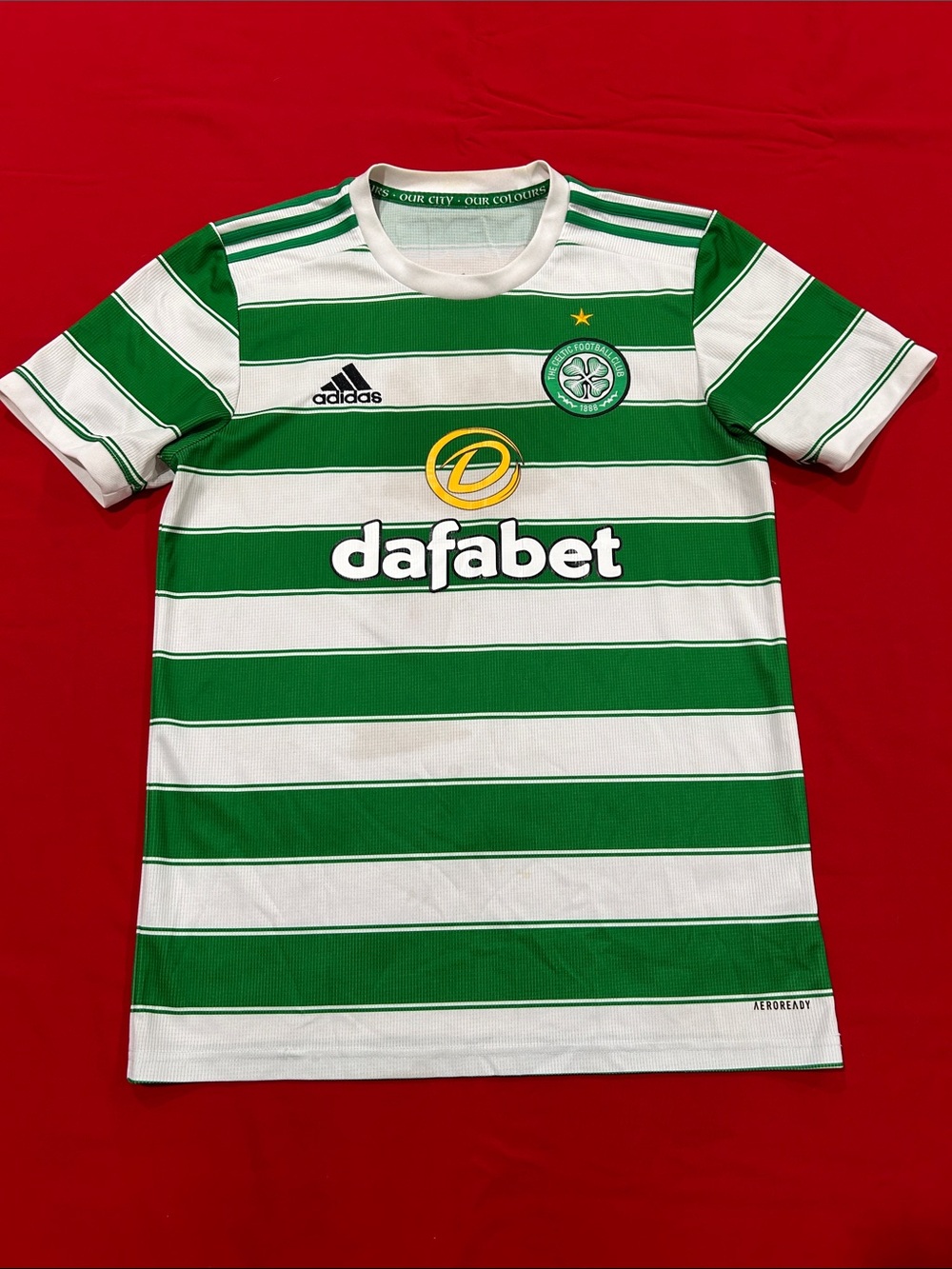 adidas Green and White Hooped Football Jersey with Sponsor Logo